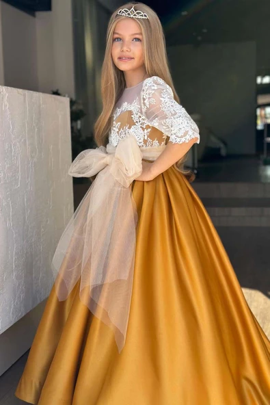 Kız Çocuk Yakası Şeffaf Tül Omuz ve Kolları Güpür İşlemeli Fiyonk Detaylı Saten Hardal Uzun Abiye - Resim 2