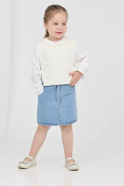 Kız Çocuk 3'lü Jean Takım (Jean Etek+Gömlek+Triko Yelek) 12170 - 2