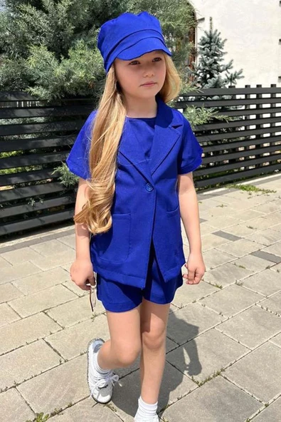 Kız Çocuk Kolsuz Penye Bluz Kısa Kollu Blazer Ceket Şapkalı Saks Mavisi Şortlu Takım - 2