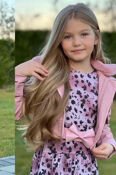 Kız Çocuk Kapişonu Peluş Cep Detaylı Pembe Deri Ceket Yaprak Baskılı Elbise - 3