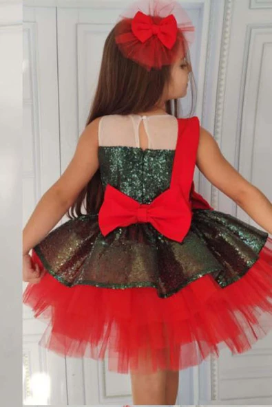 Kız Çocuk Önü ve Arkası Fiyonk Detaylı Üstü Pulpayet İşlemeli Etek Ucu Tüllü Haki Abiye - Resim 4