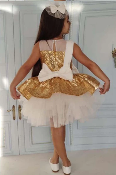 Kız Çocuk Önü ve Arkası Fiyonk Detaylı Üstü Pulpayet İşlemeli Etek Ucu Tüllü Gold Abiye - 4