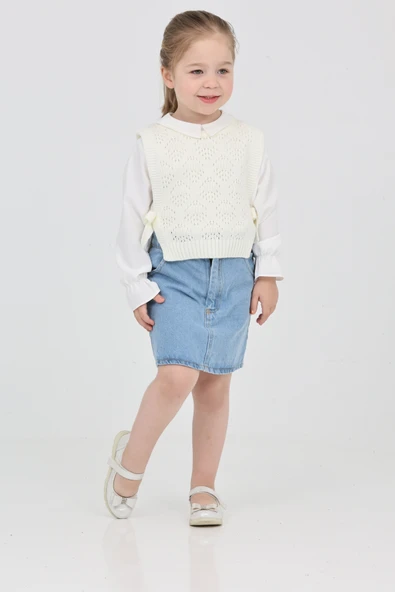 Kız Çocuk 3'lü Jean Takım (Jean Etek+Gömlek+Triko Yelek) 12170 - 4