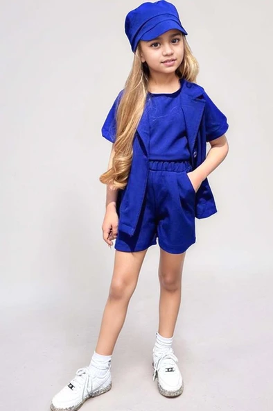 Kız Çocuk Kolsuz Penye Bluz Kısa Kollu Blazer Ceket Şapkalı Saks Mavisi Şortlu Takım - 6