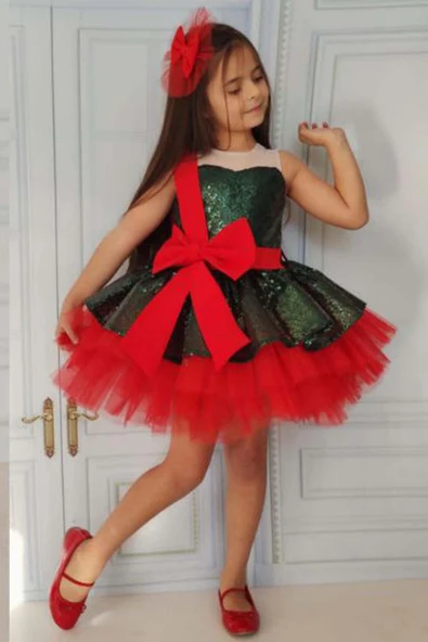 Kız Çocuk Önü ve Arkası Fiyonk Detaylı Üstü Pulpayet İşlemeli Etek Ucu Tüllü Haki Abiye - Resim 2