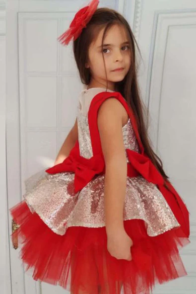 Kız Çocuk Önü ve Arkası Fiyonk Detaylı Üstü Pulpayet İşlemeli Etek Ucu Tüllü Gümüş Abiye - Resim 3