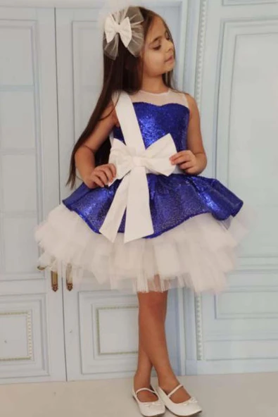 Kız Çocuk Önü ve Arkası Fiyonk Detaylı Üstü Pulpayet İşlemeli Etek Ucu Tüllü Saks Abiye - Resim 2