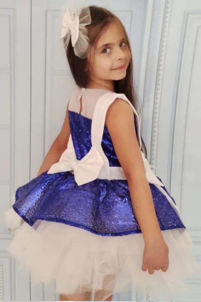 Kız Çocuk Önü ve Arkası Fiyonk Detaylı Üstü Pulpayet İşlemeli Etek Ucu Tüllü Saks Abiye - Resim 3