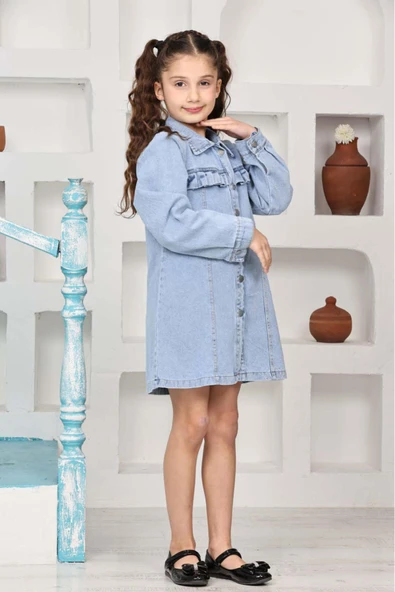 Kız Çocuk Gömlek Yakalı Jean Elbise 12171 - 4