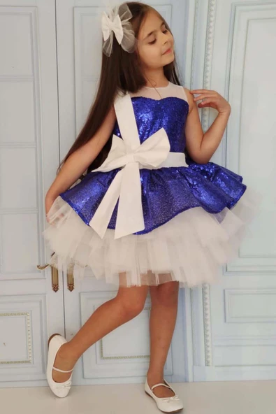 Kız Çocuk Önü ve Arkası Fiyonk Detaylı Üstü Pulpayet İşlemeli Etek Ucu Tüllü Saks Abiye ürün görseli