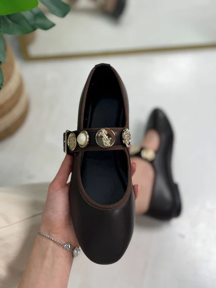 Günlük Kadın Babet İnci Altın Bant Toka Oval Burun Hafif Ortopedik Rahat Ev İş Ofis Ayakkabı 300 - 2