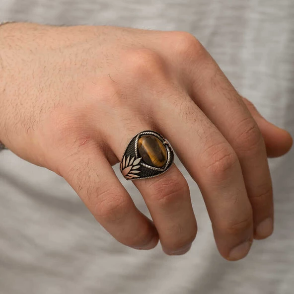 Gümüş Kaplangözü Taşlı İşlemeli Erkek Yüzük - Resim 3