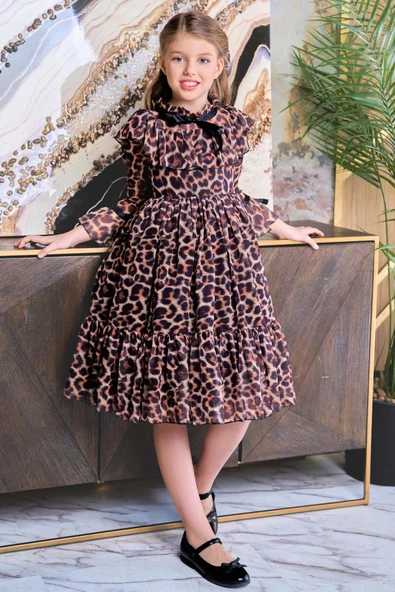 Kız Çocuk Göğsü Fırfırlı Yakası Kurdele Detaylı Leopar Desenli Kehribar Elbise