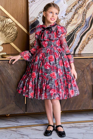 Kız Çocuk Göğsü Fırfırlı Yakası Kurdele Detaylı Gül Desenli Kırmızı Elbise - Resim 2