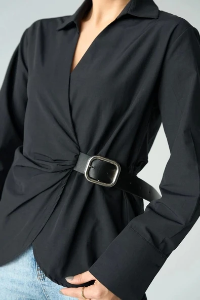 Kemerli Gömlek - Siyah - Resim 4