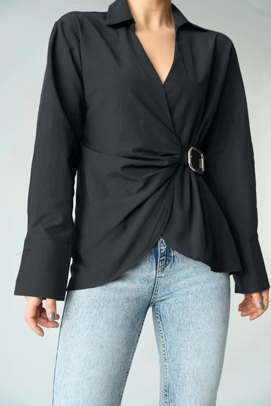 Kemerli Gömlek - Siyah - Resim 2