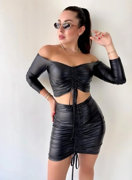 Kadın Büzgülü Deri Etek Takım Fırsat Ürün - Resim 4