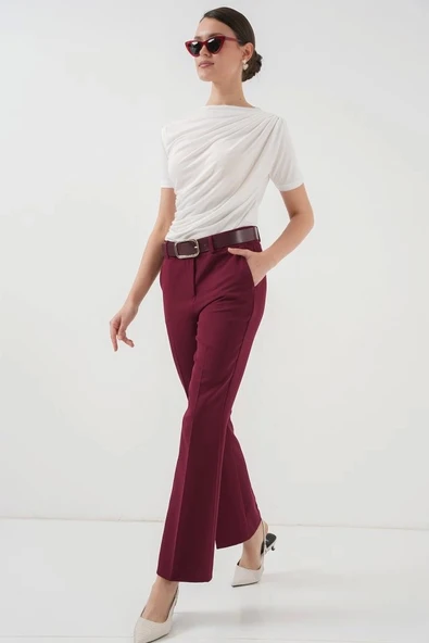 6538 Kemerli İspanyol Paça Pantolon - Bordo - 3