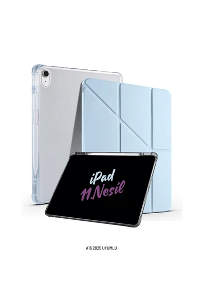 iPad 11. Nesil A16 2025 Uyumlu 11 inç Kalem Bölmeli Standlı Fuchsia Tri Folding Tablet Kılıfı