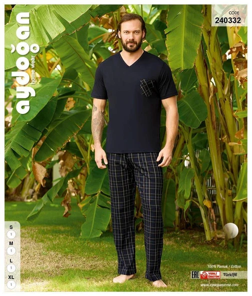 Aydoğan Erkek Siyah %100 Pamuk Penye Kısa Kollu Pijama Takımı 240332 - 2