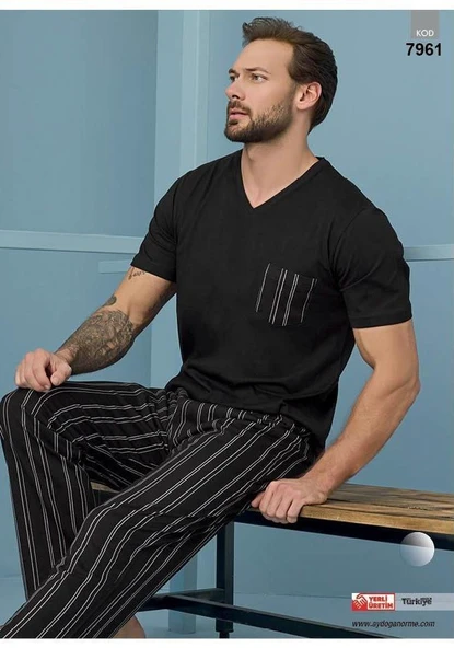 Aydoğan Erkek Siyah %100 Pamuklu Penye Kısa Kollu Pijama Takımı 7961