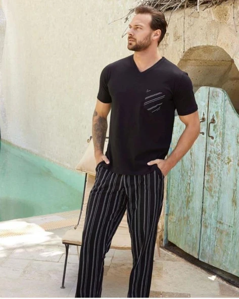 Aydoğan Erkek Siyah %100 Pamuklu Penye Kısa Kollu Pijama Takımı 7961 - 2