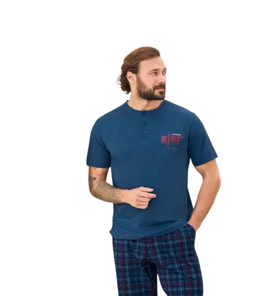 Aydoğan Erkek Mavi %100 Pamuk Penye Kısa Kollu Pijama Takımı 240329