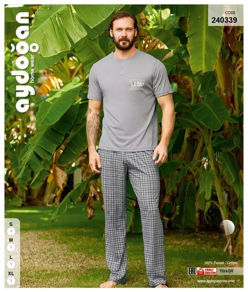 Aydoğan Erkek Gri %100 Pamuklu Penye Kısa Kollu Pijama Takımı 240339 - 4