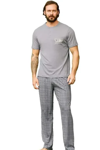 Aydoğan Erkek Gri %100 Pamuklu Penye Kısa Kollu Pijama Takımı 240339