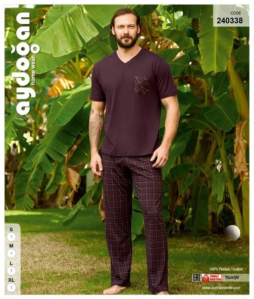 Aydoğan Erkek Bordo Pamuklu Süprem Kısa Kollu Pijama Takımı 240338 - 2