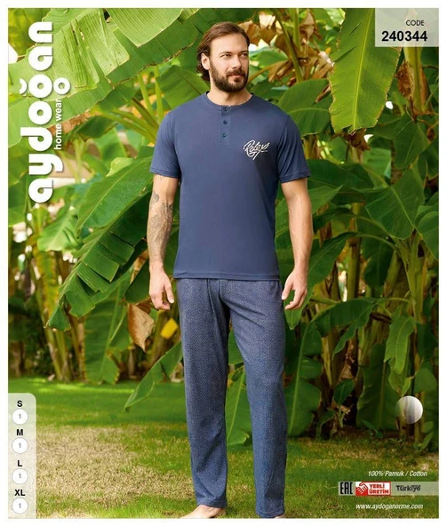 Aydoğan Erkek Mavi %100 Pamuklu Penye Kısa Kollu Pijama Takımı 240344 - 4