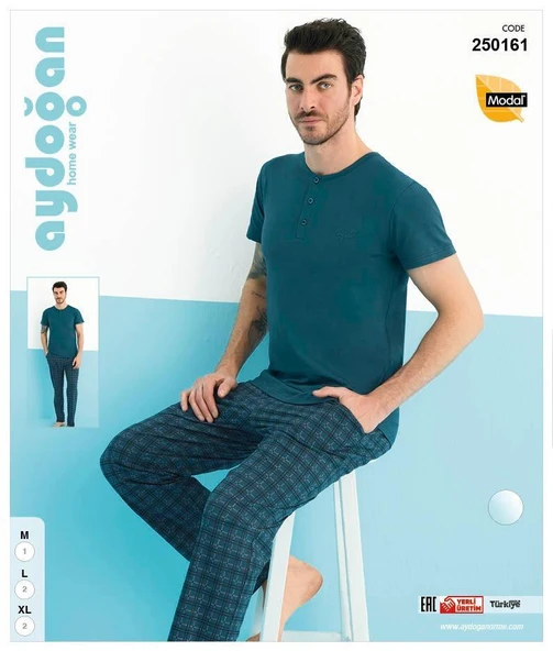Aydoğan Erkek Petrol Pamuklu Modal Kısa Kollu Pijama Takımı 250161 - 4