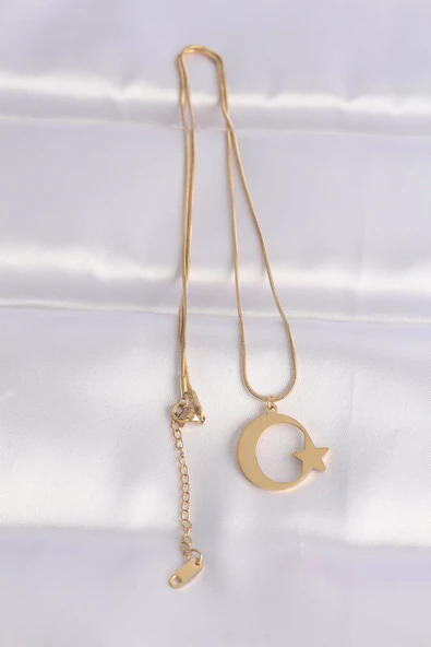 316L Çelik Zincir Gold Renk Ay Yıldız Unisex Kolye - TJ-BKO8699