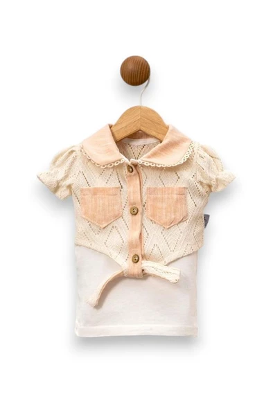 Kız Bebek 3’lü Yazlık Müslin Takım - Fiyonklu Şort, İp Askılı Body, Örme Bolero - 3