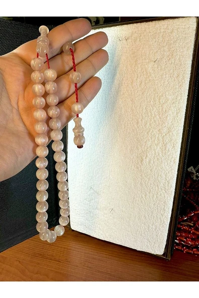ÇUBUK KEHRİBAR TESBİH KÜRE KESİM AÇIK PEMBE-BEYAZ 10 MM