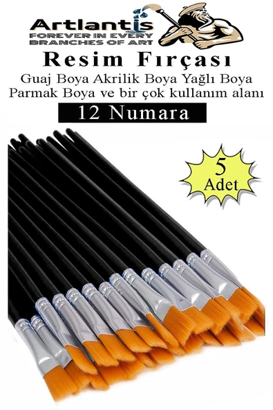 Resim Fırçası 12 Numara 5 Adet Yassı Uçlu Sentetik Resim Fırça Ekonomik Suluboya Akrilik Boya Guaj Boya Yağlı Boya ürün görseli