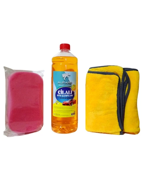 ALPARS Cilalı Oto Araba Şampuanı 1000 ml Oto Yıkama Süngeri ve Kurulama Havlusu 40x70 cm 3'Lü Set