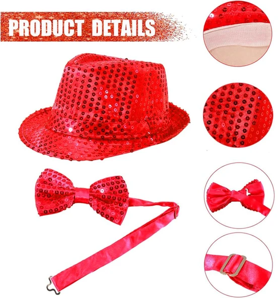 Nessiworld Kırmızı Payetli Şapka ve Papyon Seti – Parıltılı Yetişkin Kostüm Seti - Resim 3