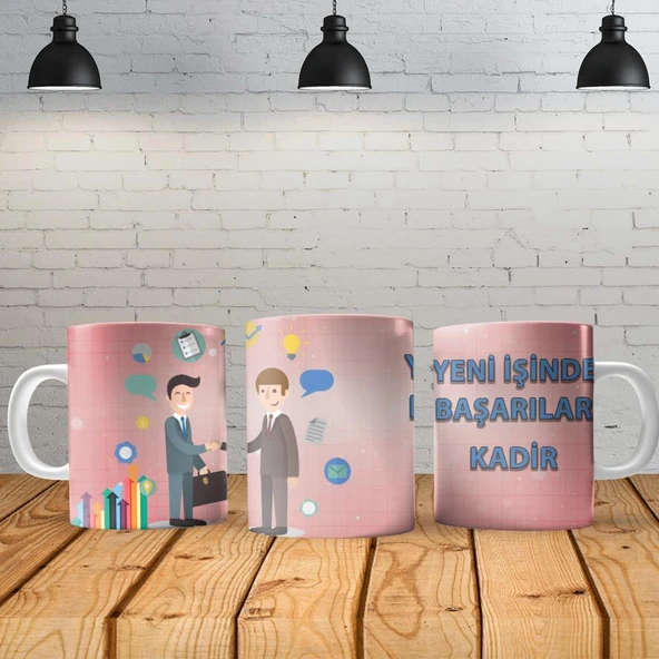 Yeni İşinde Başarılar Kişiye Özel Baskılı Yeni Tasarım Kupa Bardak Özel Kutusunda