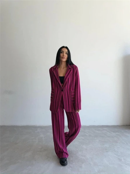 OTTOMAN ÇİZGİLİ CEKET-PANTOLON TK - Fuşya - Resim 4