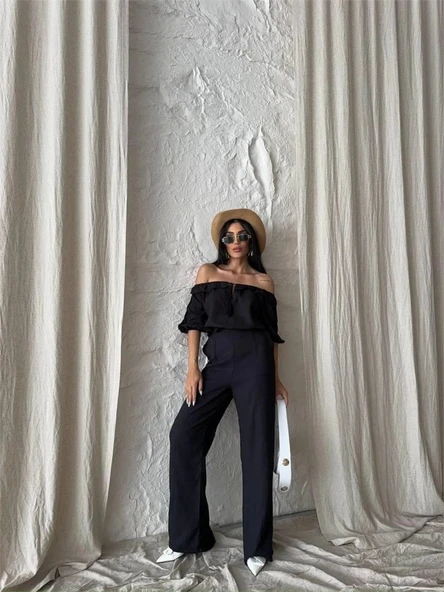 KETEN MADONNA YAKA KOL HASIR ŞERİT - PANTOLON TAKIM - Siyah - Resim 3