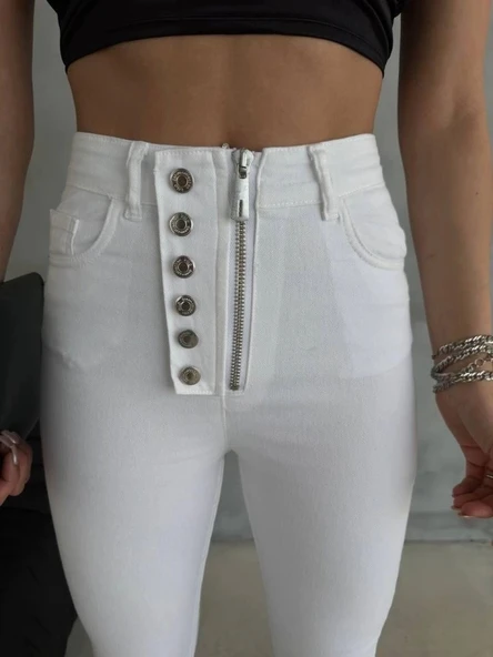 DÜĞME VE FERMUARLI KOT PANTOLON - Beyaz - 2