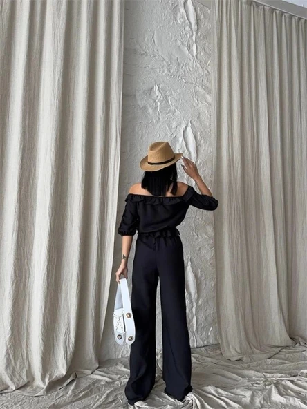 KETEN MADONNA YAKA KOL HASIR ŞERİT - PANTOLON TAKIM - Siyah - Resim 2