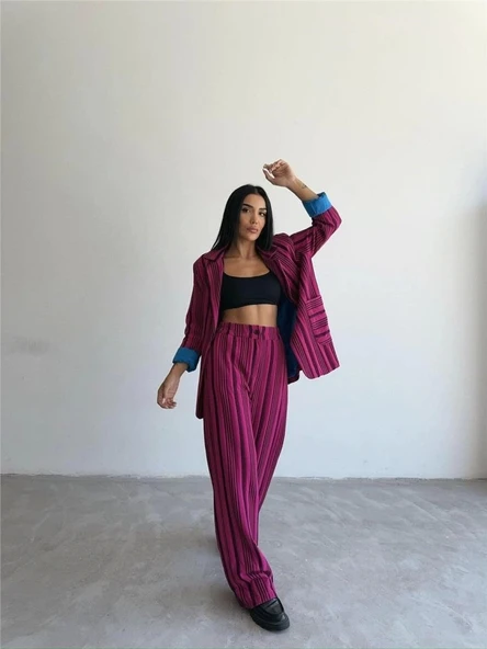 OTTOMAN ÇİZGİLİ CEKET-PANTOLON TK - Fuşya - Resim 3