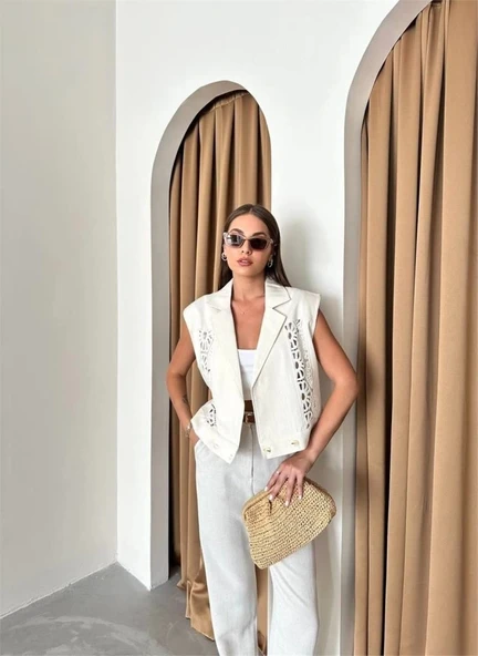 GABARDİN YELEK DANTEL DETAYLI - Ham - Resim 3