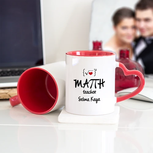 Kişiye Özel Matematik Öğretmeni Kalpli Kupa Bardak - Kırmızı