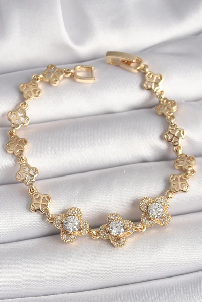 Pirinç Gold Renk Zirkon Taşlı Yonca Model Kadın Bileklik - TJ-BB6812