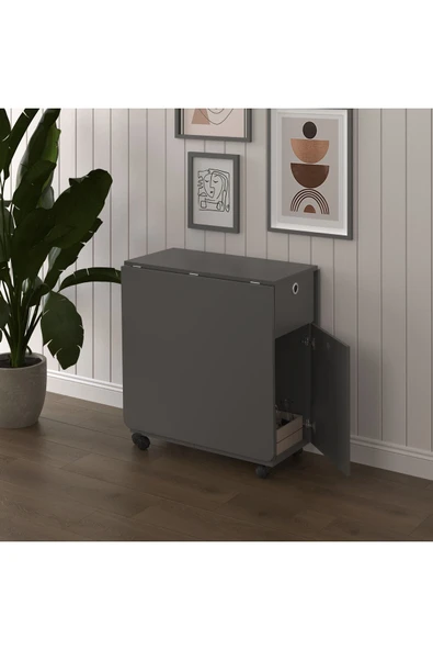 Asra Trend MDF Katlanır Mutfak Yemek Çalışma Masası, Çekmece+Dolap, Koyu Gri, KM-28 - Resim 3