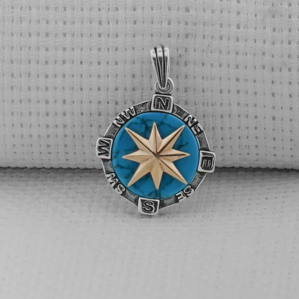 Turkuaz Taşlı Pusula 925 Ayar Erkek Gümüş Kolye Ucu ürün görseli