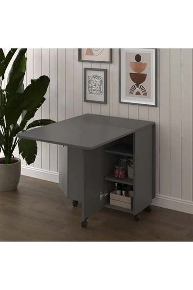 Asra Trend MDF Katlanır Mutfak Yemek Çalışma Masası, Çekmece+Dolap, Koyu Gri, KM-28 - Resim 4